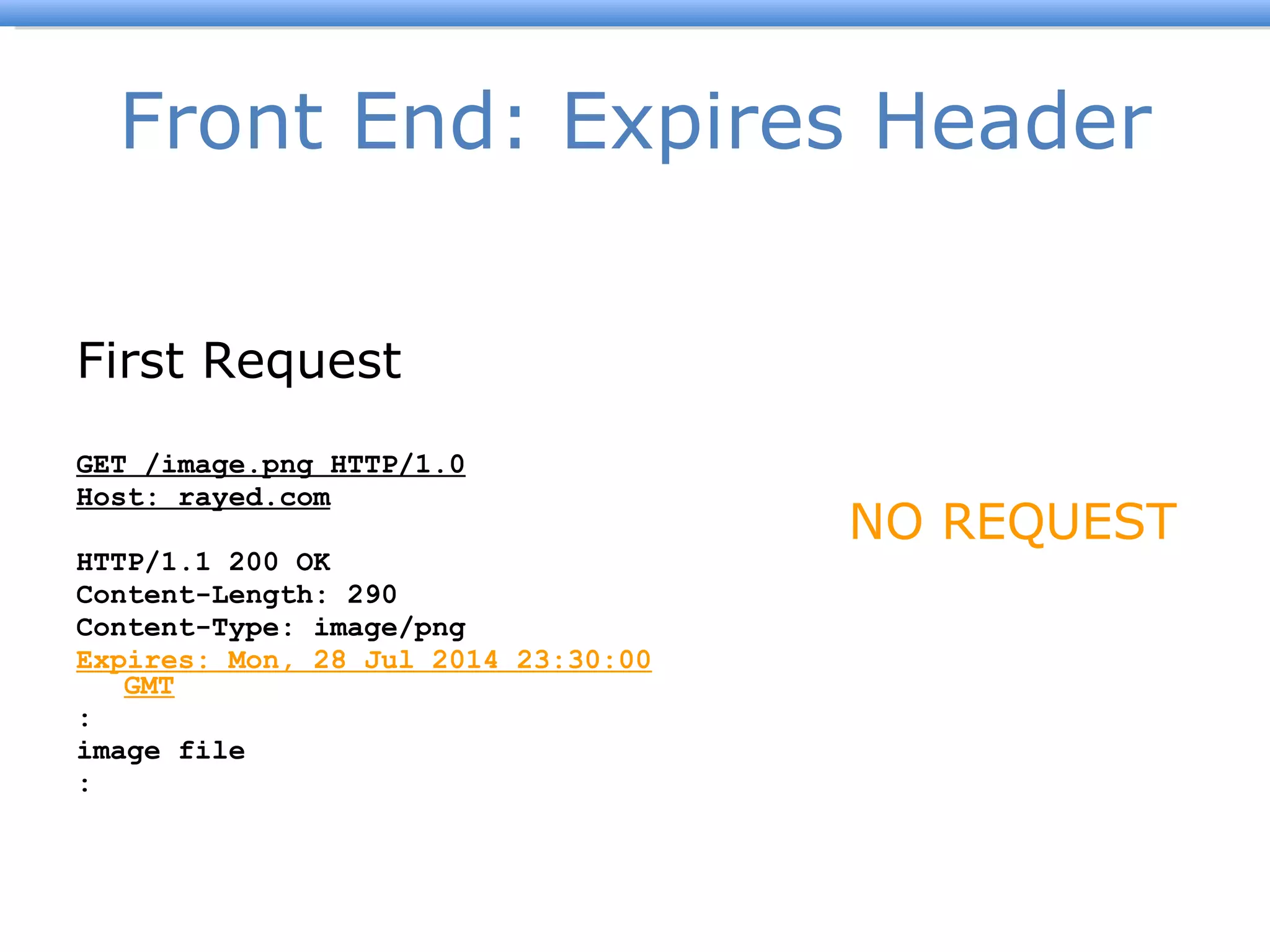Front End: Expires Header First Request GET /image.png HTTP/1.0 Host: rayed.com HTTP/1.1 200 OK Content-Length: 290 Content-Type: image/png Expires: Mon, 28 Jul 2014 23:30:00 GMT : image file : Second Request NO REQUEST 
