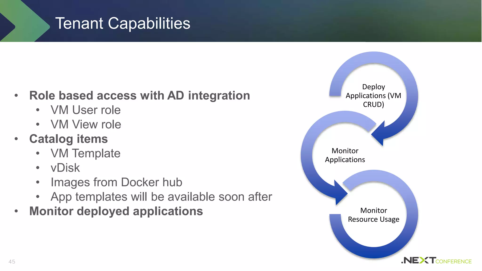 45
Deploy
Applications (VM
CRUD)
Monitor
Applications
Monitor
Resource Usage
• Role based access with AD integration
• VM User role
• VM View role
• Catalog items
• VM Template
• vDisk
• Images from Docker hub
• App templates will be available soon after
• Monitor deployed applications
Tenant Capabilities
 