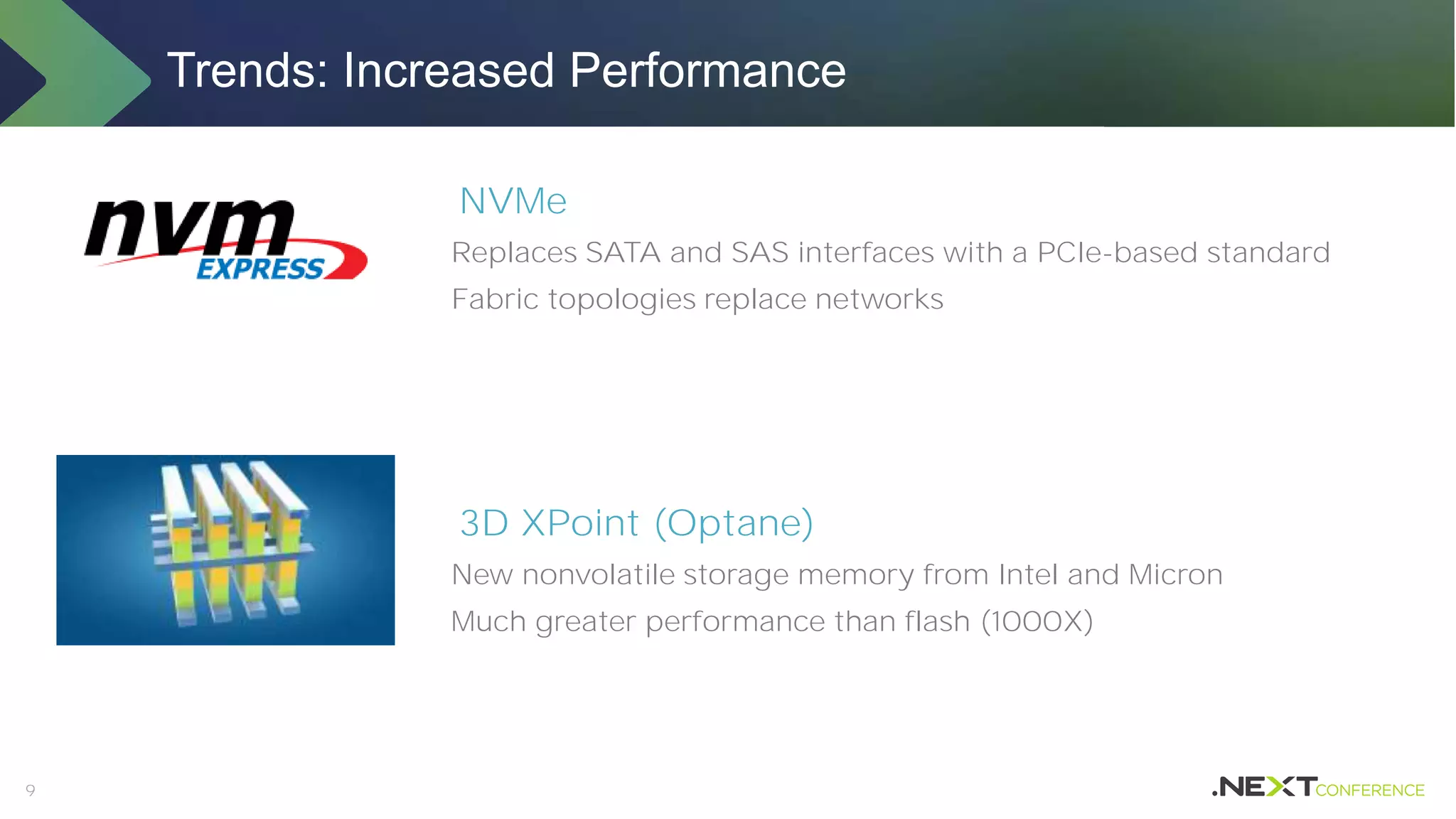 9
NVMe
Replaces SATA and SAS interfaces with a PCIe-based standard
Fabric topologies replace networks
3D XPoint (Optane)
New nonvolatile storage memory from Intel and Micron
Much greater performance than flash (1000X)
Trends: Increased Performance
 