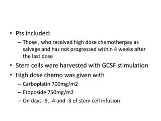 • Pts included:
– Those , who received high dose chemotherpay as
salvage and has not progressed within 4 weeks after
the last dose
• Stem cells were harvested with GCSF stimulation
• High dose chemo was given with
– Carboplatin 700mg/m2
– Etoposide 750mg/m2
– On days -5, -4 and -3 of stem cell infusion
 