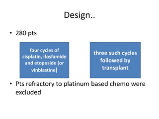 Design..
• 280 pts
• Pts refractory to platinum based chemo were
excluded
four cycles of
cisplatin, ifosfamide
and etoposide (or
vinblastine)
three such cycles
followed by
transplant
 