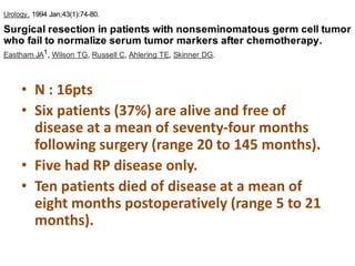 • N : 16pts
• Six patients (37%) are alive and free of
disease at a mean of seventy-four months
following surgery (range 20 to 145 months).
• Five had RP disease only.
• Ten patients died of disease at a mean of
eight months postoperatively (range 5 to 21
months).
 