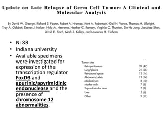 • N: 83
• Indiana university
• Available specimens
were investigated for
expression of the
transcription regulator
FoxD3 and
apurinic/apyrimidinic
endonuclease and the
presence of
chromosome 12
abnormalities.
 