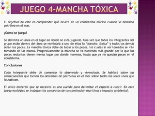 JUEGO 4-MANCHA TÓXICAEl objetivo de este es comprender qué ocurre en un ecosistema marino cuando se derrama petróleo en el mar.¿Cómo se juega?Se delimita un área en el lugar en donde se está jugando. Una vez que todos los integrantes del grupo están dentro del área se nombrará a uno de ellos la “Mancha tóxica” y todos los demás serán los peces. La mancha tóxica debe de tocar a los peces, los cuales al ser tomados se irán tomando de las manos. Progresivamente la mancha se va haciendo más grande por lo que los peces restantes tienen menos lugar por donde moverse, hasta que ya no quedan peces en el ecosistema.ConclusionesCada integrante debe de comentar lo observado y vivenciado. Se hablará sobre las consecuencias que tienen los derrames de petróleos en el mar sobre todos los seres vivos que lo habitan.El único material que se necesita es una cuerda para delimitar el espacio a cubrir. En este juego ecológico se trabajan los conceptos de contaminación marítima e impacto ambiental.