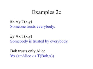 Examples 2c
x y T(x,y)
Someone trusts everybody.
y x T(x,y)
Somebody is trusted by everybody.
Bob trusts only Alice.
x (x=Alice  T(Bob,x))
 