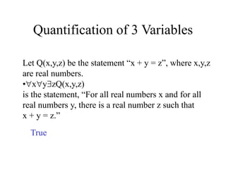 Quantification of 3 Variables
Let Q(x,y,z) be the statement “x + y = z”, where x,y,z
are real numbers.
•xyzQ(x,y,z)
is the statement, “For all real numbers x and for all
real numbers y, there is a real number z such that
x + y = z.”
True
 