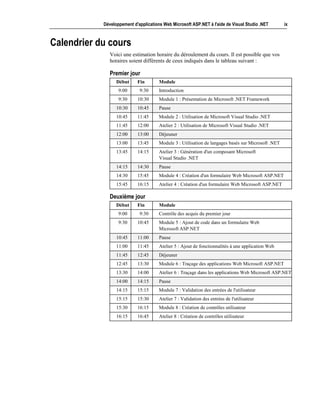 Développement d'applications Web Microsoft ASP.NET à l'aide de Visual Studio .NET        ix



Calendrier du cours
               Voici une estimation horaire du déroulement du cours. Il est possible que vos
               horaires soient différents de ceux indiqués dans le tableau suivant :

               Premier jour
                  Début     Fin        Module
                   9:00      9:30      Introduction
                   9:30     10:30      Module 1 : Présentation de Microsoft .NET Framework
                  10:30     10:45      Pause
                  10:45     11:45      Module 2 : Utilisation de Microsoft Visual Studio .NET
                  11:45     12:00      Atelier 2 : Utilisation de Microsoft Visual Studio .NET
                  12:00     13:00      Déjeuner
                  13:00     13:45      Module 3 : Utilisation de langages basés sur Microsoft .NET
                  13:45     14:15      Atelier 3 : Génération d'un composant Microsoft
                                       Visual Studio .NET
                  14:15     14:30      Pause
                  14:30     15:45      Module 4 : Création d'un formulaire Web Microsoft ASP.NET
                  15:45     16:15      Atelier 4 : Création d'un formulaire Web Microsoft ASP.NET

               Deuxième jour
                  Début     Fin        Module
                   9:00      9:30      Contrôle des acquis du premier jour
                   9:30     10:45      Module 5 : Ajout de code dans un formulaire Web
                                       Microsoft ASP.NET
                  10:45     11:00      Pause
                  11:00     11:45      Atelier 5 : Ajout de fonctionnalités à une application Web
                  11:45     12:45      Déjeuner
                  12:45     13:30      Module 6 : Traçage des applications Web Microsoft ASP.NET
                  13:30     14:00      Atelier 6 : Traçage dans les applications Web Microsoft ASP.NET
                  14:00     14:15      Pause
                  14:15     15:15      Module 7 : Validation des entrées de l'utilisateur
                  15:15     15:30      Atelier 7 : Validation des entrées de l'utilisateur
                  15:30     16:15      Module 8 : Création de contrôles utilisateur
                  16:15     16:45      Atelier 8 : Création de contrôles utilisateur
 