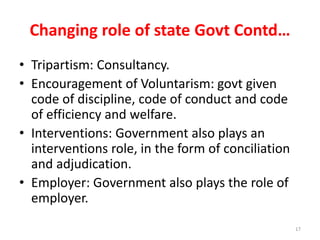 Changing role of state Govt Contd…
• Tripartism: Consultancy.
• Encouragement of Voluntarism: govt given
code of discipline, code of conduct and code
of efficiency and welfare.
• Interventions: Government also plays an
interventions role, in the form of conciliation
and adjudication.
• Employer: Government also plays the role of
employer.
17
 