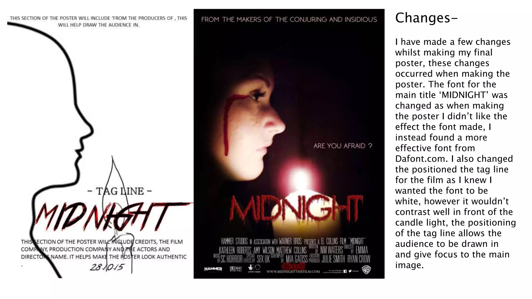 I have made a few changes
whilst making my final
poster, these changes
occurred when making the
poster. The font for the
main title ‘MIDNIGHT’ was
changed as when making
the poster I didn’t like the
effect the font made, I
instead found a more
effective font from
Dafont.com. I also changed
the positioned the tag line
for the film as I knew I
wanted the font to be
white, however it wouldn’t
contrast well in front of the
candle light, the positioning
of the tag line allows the
audience to be drawn in
and give focus to the main
image.
Changes-
 