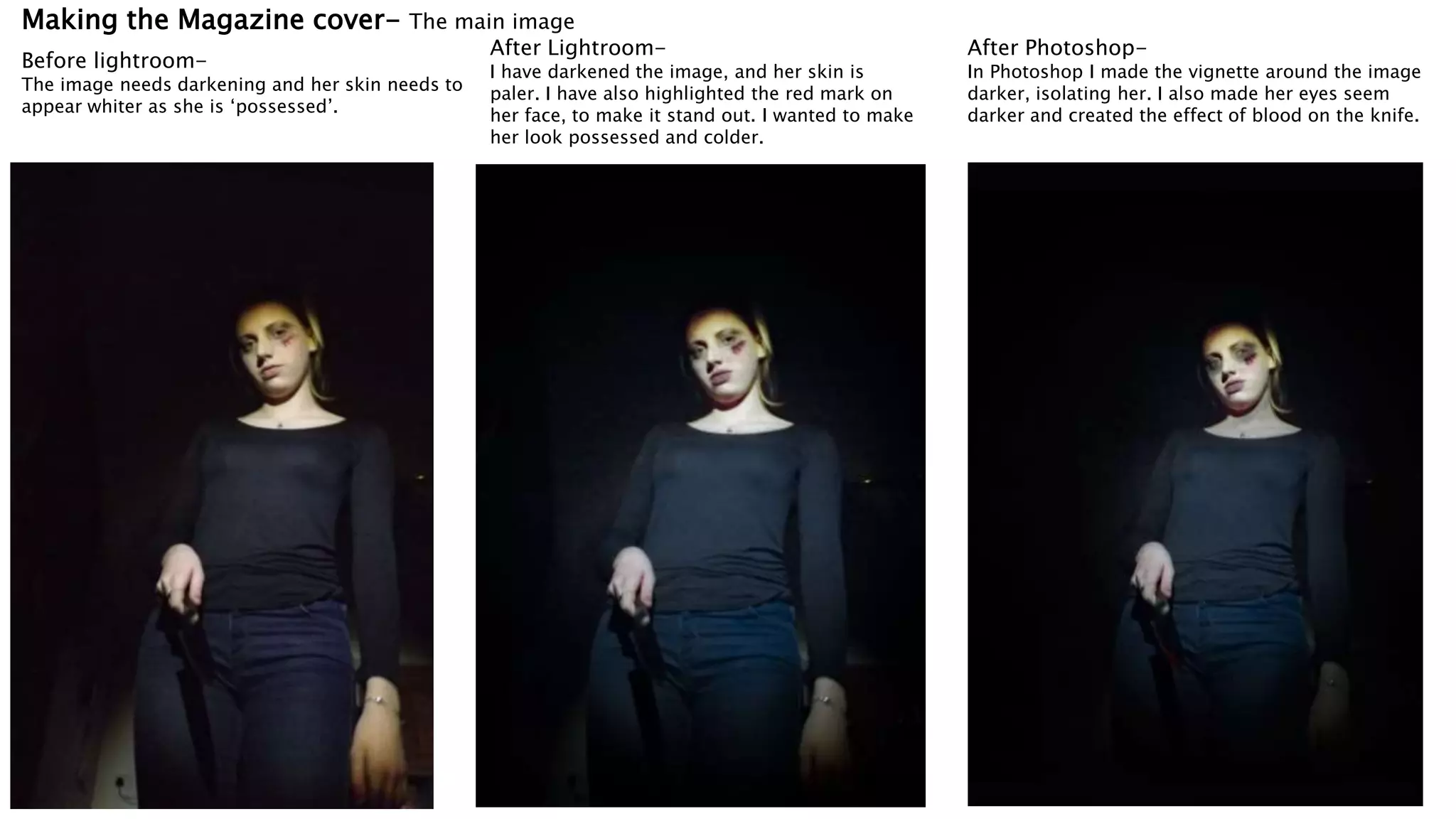 Making the Magazine cover- The main image
Before lightroom-
The image needs darkening and her skin needs to
appear whiter as she is ‘possessed’.
After Lightroom-
I have darkened the image, and her skin is
paler. I have also highlighted the red mark on
her face, to make it stand out. I wanted to make
her look possessed and colder.
After Photoshop-
In Photoshop I made the vignette around the image
darker, isolating her. I also made her eyes seem
darker and created the effect of blood on the knife.
 