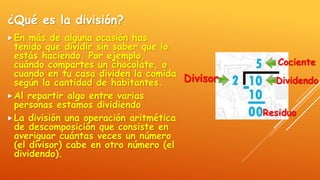 ¿Qué es la división?
En más de alguna ocasión has
tenido que dividir sin saber que lo
estás haciendo. Por ejemplo,
cuándo compartes un chocolate, o
cuando en tu casa dividen la comida
según la cantidad de habitantes.
Al repartir algo entre varias
personas estamos dividiendo
La división una operación aritmética
de descomposición que consiste en
averiguar cuántas veces un número
(el divisor) cabe en otro número (el
dividendo).
Divisor
Cociente
Residuo
Dividendo
 