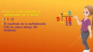 Ahora el 3 que obtuvimos lo
multiplicamos por el divisor
3x5=15
El resultado de la multiplicación
(15) se coloca debajo del
dividendo.
185
3x
15
 