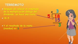 TERREMOTO
Despues de colocar el resultado
de la multiplicación debajo del
dividendo, se hace una resta
18-5
Y el resultado de la resta
(residuo) es 3
185
3x
15
3
 