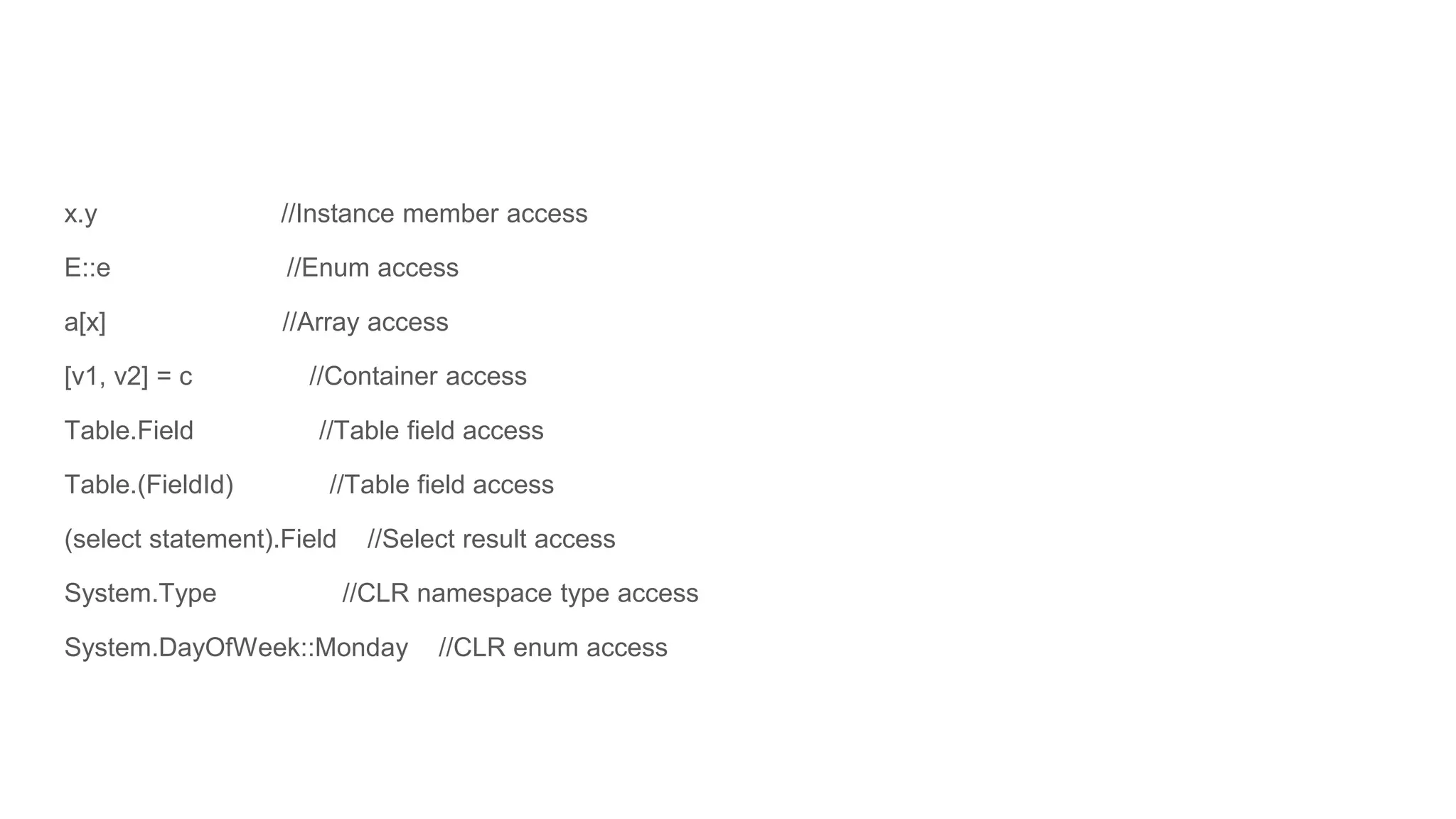 x.y //Instance member access
E::e //Enum access
a[x] //Array access
[v1, v2] = c //Container access
Table.Field //Table field access
Table.(FieldId) //Table field access
(select statement).Field //Select result access
System.Type //CLR namespace type access
System.DayOfWeek::Monday //CLR enum access
 