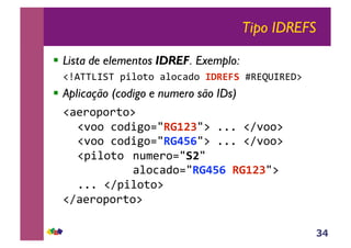 34
Tipo IDREFS
!! Lista de elementos IDREF. Exemplo:
!"#$%%&'(%!)*+,-,!.+,/.0,!!"#$%&'12345'2367!!
!! Aplicação (codigo e numero são IDs)
!".89,),9-,7!!
!! !":,,!/,0*;,<=#()*+=7!>>>!"?:,,7!!
!! !":,,!/,0*;,<=#(,-.=7!>>>!"?:,,7!!
!! !")*+,-,!!@AB89,<=&*=!!
!! ! ! ! ! !.+,/.0,<=#(,-.'#()*+=7!!
!! !>>>!"?)*+,-,7!!
!"?.89,),9-,7!
 