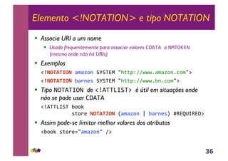 36
Elemento <!NOTATION> e tipo NOTATION
!! Associa URI a um nome
!! Usado frequentemente para associar valores !"#$#%a &'$()*&
(mesmo onde não há URIs)
!! Exemplos
%+,!"#$#%"!&-.-/01%232$*'%45667899:::;-.-/01;<0.4=%%
%+,!"#$#%"!&>-?1@A%232$*'%45667899:::;>1;<0.4=%%
!! Tipo &($#$B(&%de +,#$$CB2$=%é útil em situações onde
não se pode usar !"#$#
%+,#$$CB2$%>00D%%
%%%%%%%%%%A60?@%!"#$#%"!&E-.-/01%F%>-?1@AG%HI*JKBI*"=%%
!! Assim pode-se limitar melhor valores dos atributos
%+>00D%A60?@L4-.-/014%9=%
 