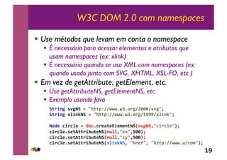 19
W3C DOM 2.0 com namespaces
!  Use métodos que levam em conta o namespace
!  É necessário para acessar elementos e atributos que
usam namespaces (ex: xlink)
!  É necessário quando se usa XML com namespaces (ex:
quando usado junto com SVG, XHTML, XSL-FO, etc.)
!  Em vez de getAttribute, getElement, etc.
!  Use getAttributeNS, getElementNS, etc.
!  Exemplo usando Java
!"#$%&'()&*!'+',-""./0011121324#&056660()&,7'
!"#$%&'89$%:*!'+',-""./0011121324#&0;<<<089$%:,7'
*4=>'?$#?9>'+'=4?2?#>@">A9>B>%"*!C()&*!D,?$#?9>,E7'
?$#?9>2(>"F""#$GH">*!C%H99D,?8,DI66E7'
?$#?9>2(>"F""#$GH">*!C%H99D,?J,DI66E7'
?$#?9>2(>"F""#$GH">*!C89$%:*!D',-#>K,D',-""./001112@0?4B,E7'
 