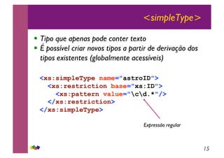 15
<simpleType>
!! Tipo que apenas pode conter texto
!! É possível criar novos tipos a partir de derivação dos
tipos existentes (globalmente acessíveis)
<xs:simpleType name="astroID">
<xs:restriction base="xs:ID">
<xs:pattern value="cd.*"/>
</xs:restriction>
</xs:simpleType>
Expressão regular
 