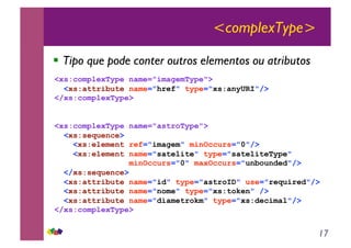 17
<complexType>
!! Tipo que pode conter outros elementos ou atributos
<xs:complexType name="imagemType">
<xs:attribute name="href" type="xs:anyURI"/>
</xs:complexType>
<xs:complexType name="astroType">
<xs:sequence>
<xs:element ref="imagem" minOccurs="0"/>
<xs:element name="satelite" type="sateliteType"
minOccurs="0" maxOccurs="unbounded"/>
</xs:sequence>
<xs:attribute name="id" type="astroID" use="required"/>
<xs:attribute name="nome" type="xs:token" />
<xs:attribute name="diametrokm" type="xs:decimal"/>
</xs:complexType>
 