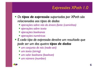 6
Expressões XPath 1.0
!! Os tipos de expressão suportadas por XPath são
relacionados aos tipos de dados
!! operações sobre nós da árvore-fonte (caminhos)
!! operações sobre texto
!! operações booleanas
!! operações numéricas
!! E cada tipo de expressão devolve um resultado que
pode ser um dos quatro tipos de dados
!! um conjunto de nós (node-set)
!! um texto (string)
!! um valor booleano (boolean)
!! um número (number)
 