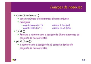 18
Funções de node-set
!! !"#$%!"#$%&'%()*
!! conta o número de elementos de um conjunto
!! exemplos:
!! !"#$%&'()*$%++,- retorna 1 (um pai)
!! !"#$%&!./01++,- retorna no. de filhos
!! 0(2%&-3
!! Retorna o número com a posição do último elemento do
conjunto de nós correntes
!! '"2/%/"$&-3
!! o número com a posição do nó corrente dentro do
conjunto de nós correntes
 