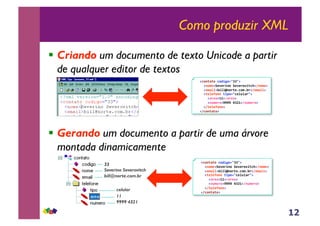 12
Como produzir XML
!! Criando um documento de texto Unicode a partir
de qualquer editor de textos
!! Gerando um documento a partir de uma árvore
montada dinamicamente
!"#$%&%#'"#()*#+,--,.'
''!$#/0.10203)$#'10203#2)%"4!5$#/0.'
''!0/&)6.7)668$#3%09"#/973!50/&)6.'
''!%060:#$0'%);#+,"06<6&3,.'
''''!&30&.==!5&30&.'
''''!$</03#.>>>>'?-@=!5$</03#.'
''!5%060:#$0.'
!5"#$%&%#.'
!"#$%&%#'"#()*#+,--,.'
''!$#/0.10203)$#'10203#2)%"4!5$#/0.'
''!0/&)6.7)668$#3%09"#/973!50/&)6.'
''!%060:#$0'%);#+,"06<6&3,.'
''''!&30&.==!5&30&.'
''''!$</03#.>>>>'?-@=!5$</03#.'
''!5%060:#$0.'
!5"#$%&%#.'
celular
11
9999 4321
33
Severino Severovitch
bill@norte.com.br
 