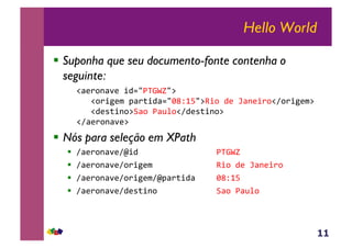 11
Hello World
!  Suponha que seu documento-fonte contenha o
seguinte:
!<(),-<'(&+4./Vi^k/:&
&&&!,)+5($&J<);+4<./27Z08/:U+,&4(&l<-(+),!A,)+5($:&
&&&!4(*;+-,:B<,&<@%,!A4(*;+-,:&
!A<(),-<'(:&
!  Nós para seleção em XPath
!  A<(),-<'(Am+4 & & & & & &Vi^k&
!  A<(),-<'(A,)+5($ & & & & &U+,&4(&l<-(+),&
!  A<(),-<'(A,)+5($AmJ<);+4< & &27Z08&
!  A<(),-<'(A4(*;+-,& & & & &B<,&<@%,&
 