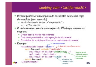 35
Looping com <xsl:for-each>
!  Permite processar um conjunto de nós dentro da mesma regra
de template (sem recursão)
!  !#*%Z?,)6(<3>&*(%(3;./(#J)(**q,/:&&
111&!A?,)6(<3>:&
!  O atributo select recebe uma expressão XPath que retorna um
node-set.
!  O node-set é a lista de nós correntes
!  O nó sendo processado a cada repetição é o nó corrente
!  O conteúdo de <xsl:for-each> está no contexto do nó corrente
!  Exemplo
&& &!#*%Z;($J%<;(&$<;3>./%/-.0/:&
&&&& &!#'%N90.&*FC+,'*%*C(23CF7/(B%03@&
&&&&&&&& &!#*%Z'<%@(6,?&*(%(3;./70'/(/01XY/&A:&
&&&&&&&& &!#*%Z;(#;:1&!A#*%Z;(#;:&
&&&&&&&& &!#*%Z'<%@(6,?&*(%(3;./(/(B%0/&A:&
,,,, ,!8#'%N90.&*FC+@&
& &!A#*%Z;($J%<;(:&
Node-set com nós correntes
Nó de contexto
Nó dentro do
contexto do nó
corrente
Posição do nó
corrente dentro
da lista de nós
correntes
 