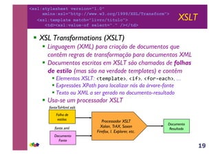 19
XSLT
!! XSL Transformations (XSLT)
!! Linguagem (XML) para criação de documentos que
contêm regras de transformação para documentos XML
!! Documentos escritos em XSLT são chamados de folhas
de estilo (mas são na verdade templates) e contêm
!!Elementos XSLT: !"#$%&'"#(, !)*(, !*+,-#'./(, ...
!!Expressões XPath para localizar nós da árvore-fonte
!!Texto ou XML a ser gerado no documento-resultado
!! Usa-se um processador XSLT
Processador XSLT
Xalan, TrAX, Saxon
Firefox, I. Explorer, etc.
Folha de
estilos
Documento
Resultado
Documento
Fonte
fonteToHtml.xslt
fonte.xml
<xsl:stylesheet version="1.0"
xmlns:xsl="http://www.w3.org/1999/XSL/Transform">
<xsl:template match="livro/titulo">
<td><xsl:value-of select="." /></td>
 