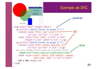 27
Exemplo de SVG
!"#$%&'()*+,-./0,%*1'$*)+,-./0,2%%
%%!$%34/5'/6+,7518)9:;5'/3<%43%$8<=3%->:?,2%%
%%%%!/'8/51%")@51+,A'55B%81(,%%
%%%%%%%%%%%%/C+,D/0,%/@+,D/0,%8+,EFG/0,%H2%%
%%%%!81/)%")@51+,A'55B%I5<1,%C+,J/0,%@+,J/0,%%
%%%%%%%%%%*1'$*)+,EFG/0,%&'()*+,-FG/0,%H2!H$2%%
%%!$%34/5'/6+,7518)9:;5'/3<%43%$8<=3%E>:?,2%%
%%%%!/'8/51%")@51+,A'55B%$8114K%3=7/')@B%.FG,%%
%%%%%%%%%%%%/C+,G/0,%/@+,G/0,%8+,E/0,%H2!H$2%%
%%!7%C054"B!"#$%+,*))=BHH&&&F&DF38$H-LLLHC5'46,%%
%%%%%!"#$%B*81A+,*))=BHH&&&F&DF38$HM87=*'/"HNOM,2%%
%%%%!)1C)%")@51+,/3538B%I57/6K%A34)PA70'5@B%)7*307K%%
%%%%%%%%%%%%%%%%%A34)P"'Q1B%-E=),%C+,D/0,%@+,R/0,2%
%%%%NOM%S%TUV!H)1C)2!H72%%
!H"#$2%%
CSS
JavaScript
XLink
 