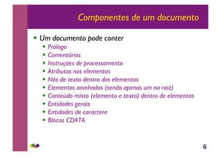 6
Componentes de um documento
!! Um documento pode conter
!! Prólogo
!! Comentários
!! Instruções de processamento
!! Atributos nos elementos
!! Nós de texto dentro dos elementos
!! Elementos aninhados (sendo apenas um na raiz)
!! Conteúdo misto (elemento e texto) dentro de elementos
!! Entidades gerais
!! Entidades de caractere
!! Blocos CDATA
 