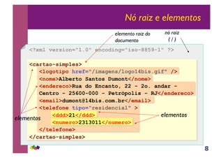 8
Nó raiz e elementos
nó raiz
( / )
elemento raiz do
documento
elementos
elementos
<?xml version="1.0" encoding="iso-8859-1" ?>
<cartao-simples>
<logotipo href="/imagens/logo14bis.gif" />
<nome>Alberto Santos Dumont</nome>
<endereco>Rua do Encanto, 22 - 2o. andar -
Centro - 25600-000 - Petrópolis - RJ</endereco>
<email>dumont@14bis.com.br</email>
<telefone tipo="residencial" >
<ddd>21</ddd>
<numero>2313011</numero>
</telefone>
</cartao-simples>
 