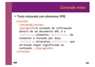20
Conteúdo misto
!! Texto misturado com elementos XML
!"#$%&'()
))!*$%+'(,!-*$%+'()
))!.+#+/#+0'(1)2345+5$)5$)430'#6+78'))))
))5$3"#')5$)26)5'%26$3"')9:;)<)'))
))!5$0434%+'($=$6$3"'!-5$0434%+'(>)?6))
))$=$6$3"')<)0'#6+5').'#)52+*))
))!5$0434%+'($"4@2$"+*!-5$0434%+'()@2$))
))+"#4A2$6)+=/26)*4/3404%+5')+'))
))%'3"$B5'>)!-.+#+/#+0'()
!-"#$%&'())
 