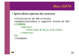 21
Bloco CDATA
!! Ignora efeitos especiais dos caracteres
!"#$#%&'()%*+'!,-!./0"1#$#%&'(!
"-2-34&'()'5+$,-*-!'!+-6%$5#-!#*-78'!,-!./09!
!"#$%&'&#!
!!!!!"-34*-+:(!
!!!!!!!!!"5'3-(;'<'!()/:*$:!=1>"15'3-(!
!!!!!"1-34*-+:(!
**+)
!!"1-2-34&'(!!
 