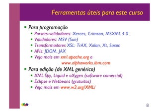 8
Ferramentas úteis para este curso
!! Para programação
!! Parsers-validadores: Xerces, Crimson, MSXML 4.0
!! Validadores: MSV (Sun)
!! Transformadores XSL: TrAX, Xalan, Xt, Saxon
!! APIs: JDOM, JAX
!! Veja mais em xml.apache.org e
www.alphaworks.ibm.com
!! Para edição (de XML genérico)
!! XML Spy, Liquid e oXygen (software comercial)
!! Eclipse e Netbeans (gratuitos)
!! Veja mais em www.w3.org/XML/
 