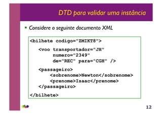 12
DTD para validar uma instância
!! Considere o seguinte documento XML
<bilhete codigo="ZMIKT8">
<voo transportador="JH"
numero="2349"
de="REC" para="CGH" />
<passageiro>
<sobrenome>Newton</sobrenome>
<prenome>Isaac</prenome>
</passageiro>
</bilhete>
 