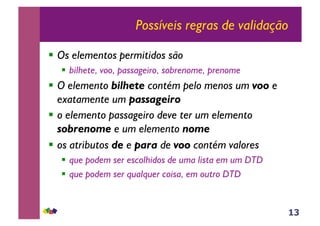 13
Possíveis regras de validação
!! Os elementos permitidos são
!! bilhete, voo, passageiro, sobrenome, prenome
!! O elemento bilhete contém pelo menos um voo e
exatamente um passageiro
!! o elemento passageiro deve ter um elemento
sobrenome e um elemento nome
!! os atributos de e para de voo contém valores
!! que podem ser escolhidos de uma lista em um DTD
!! que podem ser qualquer coisa, em outro DTD
 