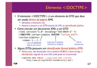 17
Elemento <!DOCTYPE>
!! O elemento <!DOCTYPE> é um elemento do DTD que deve
ser usado dentro da página XML
!! Identifica o elemento raiz
!! Associa o arquivo a um DTD através de URL ou identificador público
!! Como vincular um documento XML a um DTD
!"#$%&'()*+,-./012/&(-3,4+-5./6789::;<90/&"=&
!>!"#$%&'(3?)@?,9*+$A%(*&)%)$'*(/3?)@?,14@4/=&
!3?)@?,9*+$A%(*=&
&&&!-,$(=&B111C&
!! Alguns DTDs possuem um identificador formal público (FPI)
!! Neste caso, são declarados com a palavra PUBLIC e duas strings: o
identificador seguido de uma URL onde pode ser encontrado
nome do elemento
raiz do documento
onde buscar validação:
SYSTEM ou PUBLIC
URI ou
identificador
!>D8EFGHI&JFKL&&+,-.#(/9MMNOEMMDFD&JFKL&P12MMIQ/&&&&&&&&&&&&&&&
&&&&/R@@ASMMTTT1TO1,)5MFUMUIE9R@$%P2M*@)+3@14@4/=&&
 