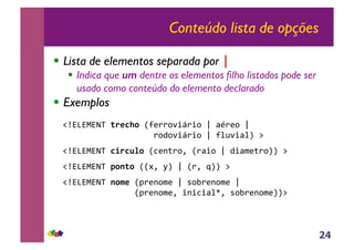24
Conteúdo lista de opções
!! Lista de elementos separada por |
!! Indica que um dentre os elementos filho listados pode ser
usado como conteúdo do elemento declarado
!! Exemplos
!"#$#%#&'(!"#$%&')*+,,-./0,/-(1(23,+-(1((
(((((((((((((((((((,-4-./0,/-(1(*56./257(8((
!"#$#%#&'($("$)*&')9+:;,-<(),2/-(1(4/2=+;,-77(8(
!"#$#%#&'(+&,!&'))><(?7(1(),<(@77(8(
!"#$#%#&'(,&-#')A,+:-=+(1(B-C,+:-=+(1((
((((((((((((((()A,+:-=+<(/:/9/25D<(B-C,+:-=+778(
 