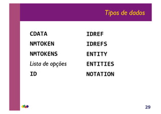 29
Tipos de dados
!"#$#%
&'$()*&%
&'$()*&+%
Lista de opções
,"%
,"-*.%
,"-*.+%
*&$,$/%
*&$,$,*+%
&($#$,(&%
 