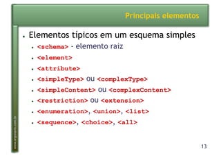 13
www.argonavis.com.br
Principais elementos
●  Elementos típicos em um esquema simples
●  <schema> - elemento raiz
●  <element>
●  <attribute>
●  <simpleType> ou <complexType>
●  <simpleContent> ou <complexContent>
●  <restriction> ou <extension>
●  <enumeration>, <union>, <list>
●  <sequence>, <choice>, <all>
 
