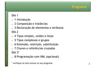 3
www.argonavis.com.br
Programa
DIA 1
●  1 Introdução
●  2 Composição e instâncias
●  3 Declaração de elementos e atributos
DIA 2
●  4 Tipos simples, uniões e listas
●  5 Tipos complexos e grupos
●  6 Extensão, restrição, substituição
●  7 Chaves e referências cruzadas
DIA 3*
●  8 Programação com XML (opcional)
* verifique se está incluso no seu programa
 