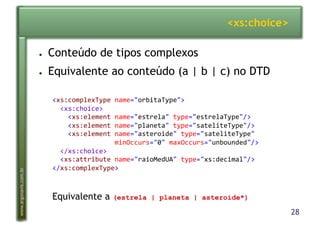 28
www.argonavis.com.br
<xs:choice>
●  Conteúdo de tipos complexos
●  Equivalente ao conteúdo (a | b | c) no DTD
<xs:complexType(name="orbitaType">(
((<xs:choice>(
((((<xs:element(name="estrela"(type="estrelaType"/>(
((((<xs:element(name="planeta"(type="sateliteType"/>(
((((<xs:element(name="asteroide"(type="sateliteType"((
((((((((((((((((minOccurs="0"(maxOccurs="unbounded"/>(
((</xs:choice>(
((<xs:attribute(name="raioMedUA"(type="xs:decimal"/>(
</xs:complexType>(
Equivalente a (estrela | planeta | asteroide*)
 