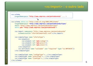 6
www.argonavis.com.br
<xs:import> : o outro lado
<xs:schema*xmlns:xs="http://www.w3.org/2001/XMLSchema"**
****targetNamespace="http://www.empresa.com/pontodevenda/tipos"*
****xmlns="http://www.empresa.com/pontodevenda/tipos"*
****xmlns:pdv="http://www.empresa.com/pontodevenda">*
****<xs:import*namespace="http://www.empresa.com/pontodevenda"**
********schemaLocation="ofertaElementsAll.xsd"></xs:import>*
****<xs:complexType*name="ofertaType">*
********<xs:sequence>*
************<xs:element*ref="pdv:codigo"/>*
************<xs:element*ref="pdv:preco"/>*
************<xs:element*ref="pdv:itens"/>*
********</xs:sequence>*
********<xs:attribute*name="validade"*use="required"*type="xs:NMTOKEN"/>*
****</xs:complexType>*
****<xs:complexType*name="codigoType">...</xs:complexType>*
****<xs:simpleType*name="precoType">...</xs:simpleType>*
****<xs:simpleType*name="itemType">...</xs:simpleType>*
</xs:schema>*
<xs:schema***
****targetNamespace="http://www.empresa.com/pontodevenda"*...*>*
 