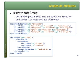 14
www.argonavis.com.br
Grupos de atributos
●  <xs:attributeGroup>
●  declarado globalmente cria um grupo de atributos
que podem ser incluidos nos elementos
<xs:attributeGroup'name="codBcurso">'
''''<xs:attribute'name="assunto"'use="required"'type="xs:integer"/>'
''''<xs:attribute'name="fragmento"'use="required"'type="xs:integer"/>'
''''<xs:attribute'name="grupo"'use="required"'type="xs:NCName"/>'
''''<xs:attribute'name="subgrupo"'use="required"'type="xs:integer"/>'
</xs:attributeGroup>'
<xs:element'name="curso">'
''''<xs:complexType>'
''''''''<xs:sequence>'
''''''''''''<xs:element'ref="titulo"/>'
''''''''''''<xs:element'ref="topicos"/>'
''''''''</xs:sequence>'
''''''''<xs:attributeGroup!ref="codDcurso"!/>!'
''''</xs:complexType>'
</xs:element>'
 