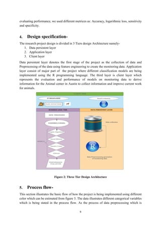9
evaluating performance, we used different metrices as: Accuracy, logarithmic loss, sensitivity
and specificity.
4. Design specification-
The research project design is divided in 3 Tiers design Architecture namely-
1. Data persistent layer
2. Application layer
3. Client layer
Data persistent layer denotes the first stage of the project as the collection of data and
Preprocessing of the data using feature engineering to create the monitoring data. Application
layer consist of major part of the project where different classification models are being
implemented using the R programming language. The third layer is client layer which
represents the evaluation and performance of models on monitoring data to derive
information for the Animal center in Austin to collect information and improve current work
for animals.
Figure 2: Three Tier Design Architecture
5. Process flow-
This section illustrates the basic flow of how the project is being implemented using different
color which can be estimated from figure 3. The data illustrates different categorical variables
which is being stated in the process flow. As the process of data preprocessing which is
 
