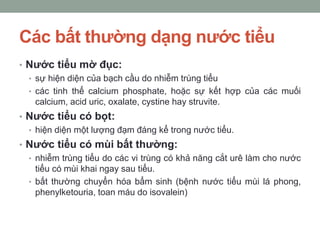 Các bất thường dạng nước tiểu
• Nước tiểu mờ đục:
• sự hiện diện của bạch cầu do nhiễm trùng tiểu
• các tinh thể calcium phosphate, hoặc sự kết hợp của các muối
calcium, acid uric, oxalate, cystine hay struvite.
• Nước tiểu có bọt:
• hiện diện một lượng đạm đáng kể trong nước tiểu.
• Nước tiểu có mùi bất thường:
• nhiễm trùng tiểu do các vi trùng có khả năng cắt urê làm cho nước
tiểu có mùi khai ngay sau tiểu.
• bất thường chuyển hóa bẩm sinh (bệnh nước tiểu mùi lá phong,
phenylketouria, toan máu do isovalein)
 