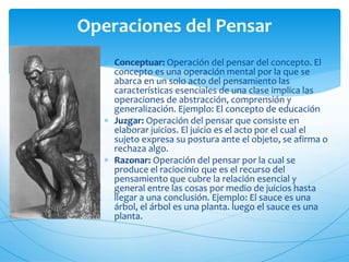 Operaciones del Pensar 
 Conceptuar: Operación del pensar del concepto. El 
concepto es una operación mental por la que se 
abarca en un solo acto del pensamiento las 
características esenciales de una clase implica las 
operaciones de abstracción, comprensión y 
generalización. Ejemplo: El concepto de educación 
 Juzgar: Operación del pensar que consiste en 
elaborar juicios. El juicio es el acto por el cual el 
sujeto expresa su postura ante el objeto, se afirma o 
rechaza algo. 
 Razonar: Operación del pensar por la cual se 
produce el raciocinio que es el recurso del 
pensamiento que cubre la relación esencial y 
general entre las cosas por medio de juicios hasta 
llegar a una conclusión. Ejemplo: El sauce es una 
árbol, el árbol es una planta. luego el sauce es una 
planta. 
 