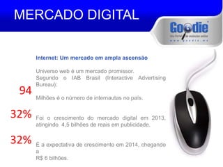 MERCADO DIGITAL 
Internet: Um mercado em ampla ascensão 
Universo web é um mercado promissor. 
Segundo o IAB Brasil (Interactive Advertising 
Bureau): 
Milhões é o número de internautas no país. 
Foi o crescimento do mercado digital em 2013, 
atingindo 4,5 bilhões de reais em publicidade. 
É a expectativa de crescimento em 2014, chegando 
a 
R$ 6 bilhões. 
94 
32% 
32% 
 