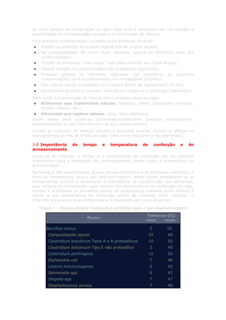 de uma câmara de refrigeração ou quer haja uma é necessário ter em atenção a
possibilidade de contaminação cruzada e à transmissão de cheiros.
Para prevenir contaminações cruzadas entre produtos deve-se:
•   Afastar os produtos de origem vegetal dos de origem animal;
•   Na impossibilidade de haver duas câmaras, separe os alimentos crus dos
    confeccionados;
•   Colocar os alimentos “mais sujos” num plano inferior aos “mais limpos” ;
•   Colocar sempre os confeccionados nas prateleiras superiores;
•   Proteger sempre os alimentos colocados nas prateleiras                de     possíveis
    contaminações (bem acondicionados em embalagens próprias);
•   Não colocar caixas ou estrados de madeira dentro do equipamento de frio;
•   Os produtos prontos a consumir deverão ter vigilância e protecção redobrados.
Para evitar a transmissão de cheiros entre produtos deve-se saber:
 • Alimentos que transmitem odores: bacalhau, peixe, charcutaria, laranjas,
    limões, cebolas, etc.;
 • Alimentos que captam odores: ovos, leite, lacticínios.
Assim sendo deve evitar-se armazenar/acondicionar produtos incompatíveis,
nomeadamente os que transmitem e os que captam odores.
Devido ao consumo de energia elevado e possíveis avarias, devem-se afastar os
equipamentos de frio de fontes de calor (tais como máquinas e equipamentos).

3.8 Importância        do   tempo      e   temperatura    de        confecção     e    do
armazenamento
Como já foi referido, o tempo e a temperatura de confecção são de extrema
importância para a eliminação de microrganismos, assim como a temperatura de
armazenagem.
Na tabela 1 são apresentados alguns perigos biológicos e as principais condições, a
nível da temperatura, para o seu desenvolvimento. Nesta tabela apresentam-se as
temperaturas criticas e salienta-se a importância da conservação dos alimentos,
quer através da refrigeração, quer através das temperaturas de confecção. Ou seja,
manter e armazenar os alimentos abaixo da temperatura indicada como mínima e
elevar a sua temperatura de confecção acima da indicada como máxima. O
intervalo entre estas duas temperaturas é designado por zona de perigo.

    Tabela 1 – Alguns perigos biológicos e condições para o seu desenvolvimento
                                                           TEMPERATURA (ºC)
                             PERIGOS
                                                           MÍNIMA       MÁXIMA


       Baccillus cereus                                        5         55
        Campylobacter jejunii                                  32         45
        Clostridium botulinum Tipos A e B proteolíticos        10         50
        Clostridium botulinum Tipo E não proteolítico          3          45
        Clostridium perfringens                                12         50
        Escherichia coli                                       7          46
        Listeria monocytogenes                                 0          45
        Salmonella spp                                         5          47
        Shigella spp                                           7          47
        Staphylococcus aureus                                  7          48
 